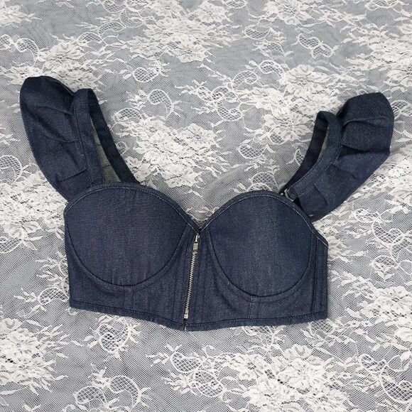 Lavish Medium Daisy Corsets Blue Denim Ruffled Denim Bustier Shirt Crop Top Bra - Picture 1 of 4